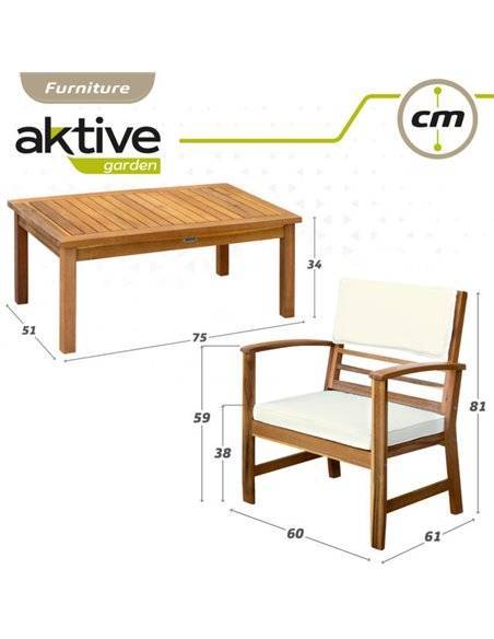 Conjunto jardín en madera de acacia con mesa, banco y 2 sillones Aktive Garden