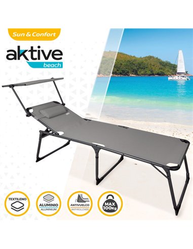 Aktive 62650 - Tumbona plegable con parasol, Tumbona de playa con cojín,  188x58x30 cm, Tumbona jardín exterior aluminio beige, Peso máx 110 kg