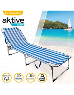Aktive Silla tumbona reclinable para playa con cojín azul/blanco