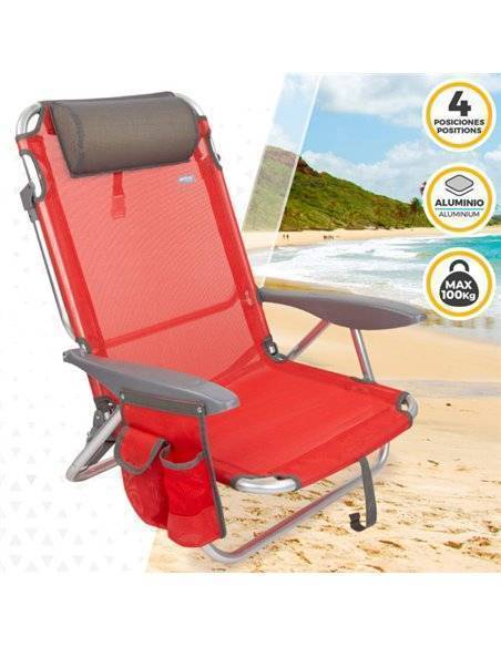 Silla de playa plegable reclinable con cojín rojo Aktive